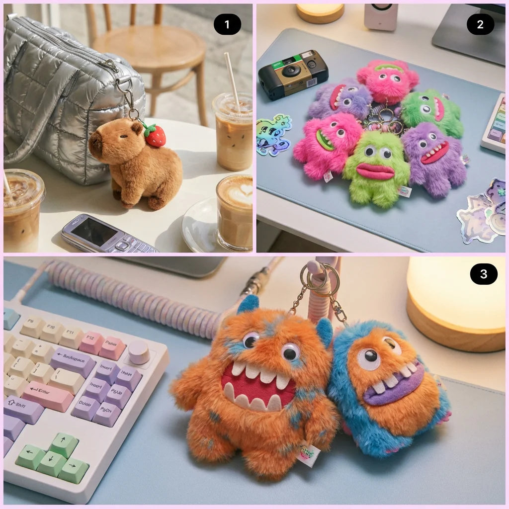 Strawberry Capybara Plush Keychain - Cute Aesthetic Bag Charm